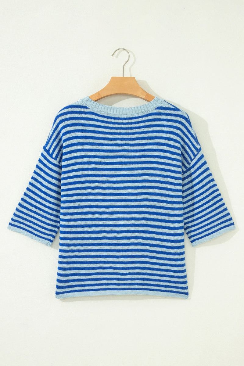 Load image into Gallery viewer, DLLS762 - Ladies Blue Stripe Loose Half Sleeve Knit Button Down Sweater Cardigan
