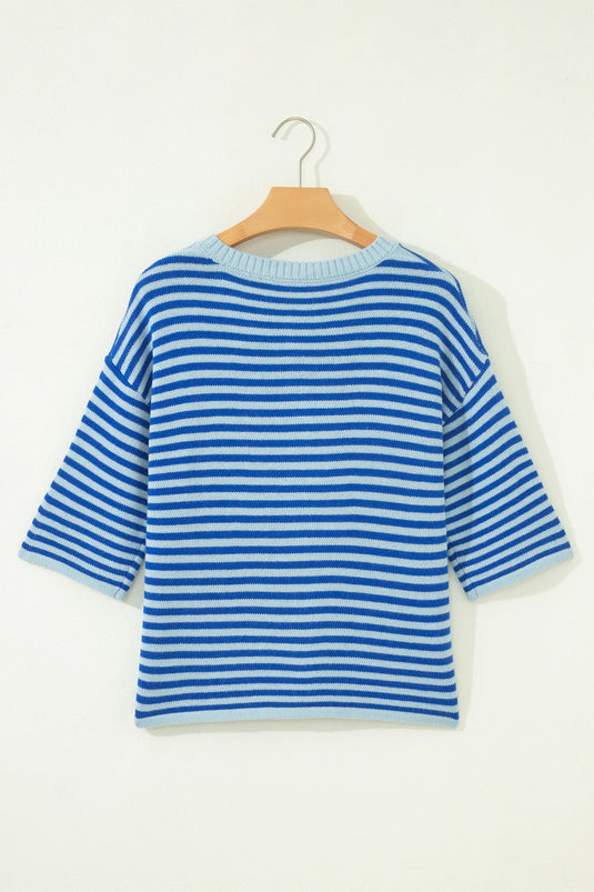 DLLS762 - Ladies Blue Stripe Loose Half Sleeve Knit Button Down Sweater Cardigan