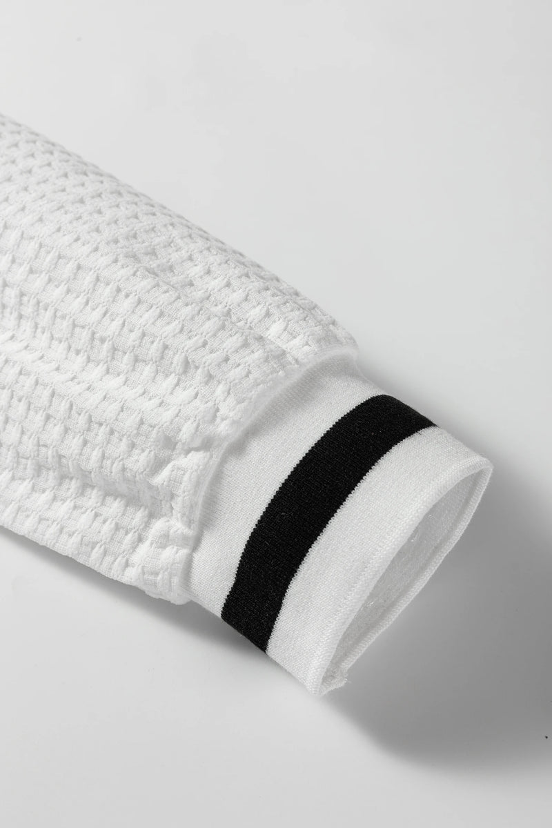 Load image into Gallery viewer, DLLS331 - Ladies White Textured Knit Preppy Striped Trim V Neck Pullover Waffle Top
