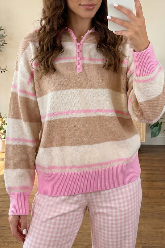 DLLS852 - Ladies Khaki Stripe Striped Drop Shoulder Button Placket Long Sleeve Sweater