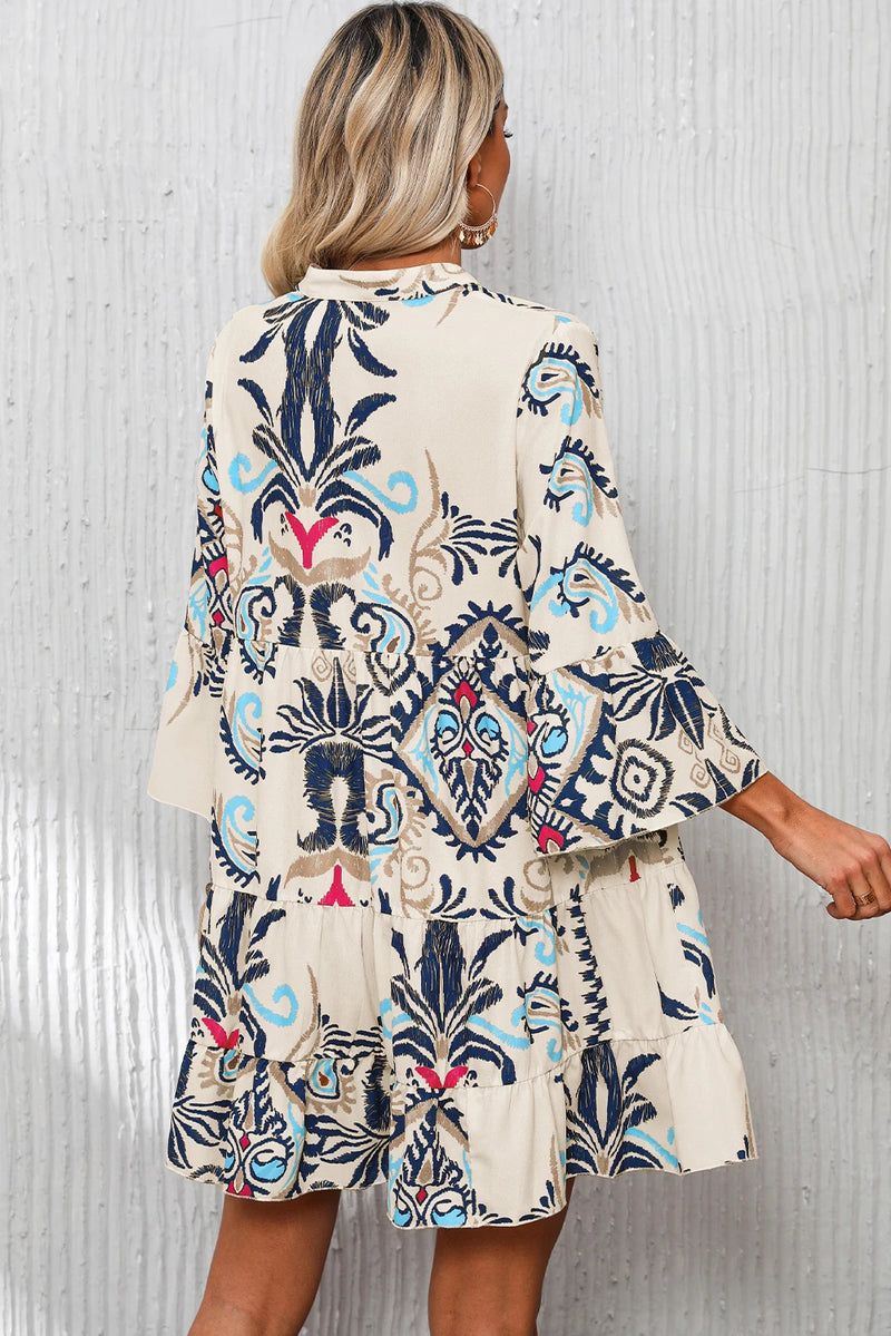 Load image into Gallery viewer, DLLS447 - Ladies White Printed Tribal Bracelet Sleeve Buttoned Mini Dress
