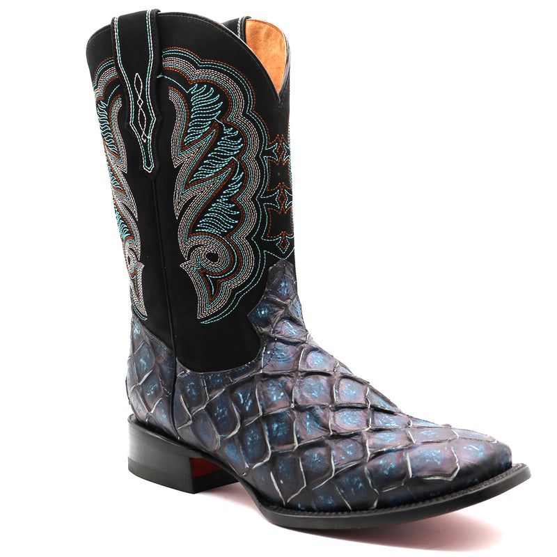 Load image into Gallery viewer, CP1707 - Cowboy Prayer Hand Crafted Blue Pirarucu Print Cowboy Boots
