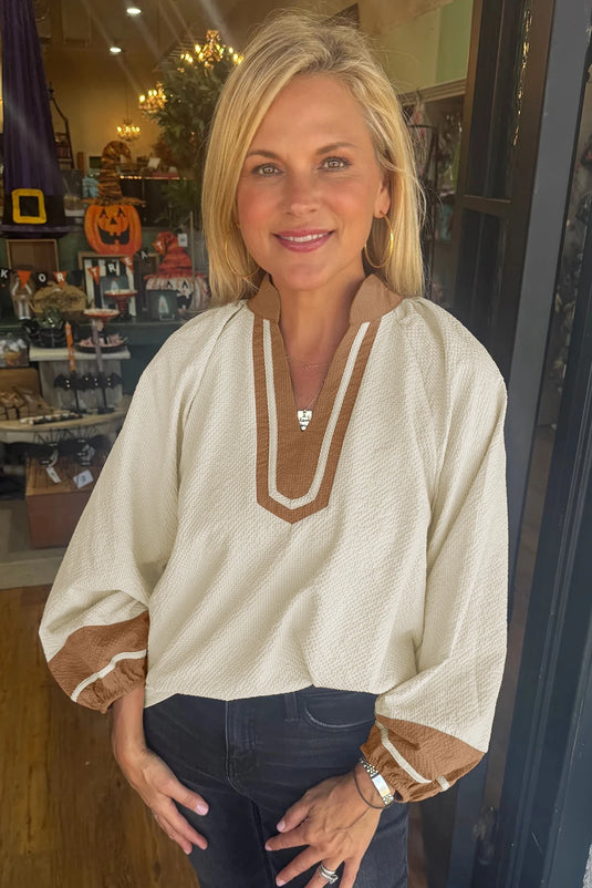 DLLS288 - Ladies Jet Stream Color Block V Neck Textured Long Sleeve Blouse