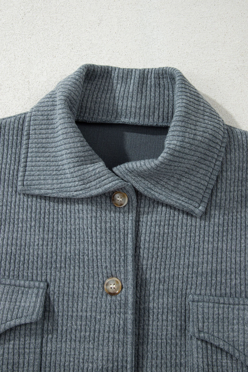 Load image into Gallery viewer, DLLS271 - Ladies Medium Grey Ribbed Knit Buttons Front Flap Pocket Casual Shacket

