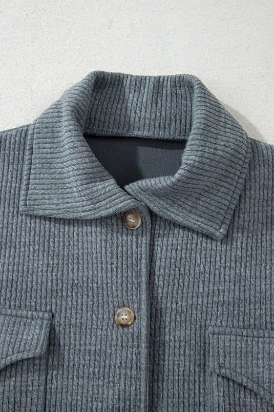 DLLS271 - Ladies Medium Grey Ribbed Knit Buttons Front Flap Pocket Casual Shacket
