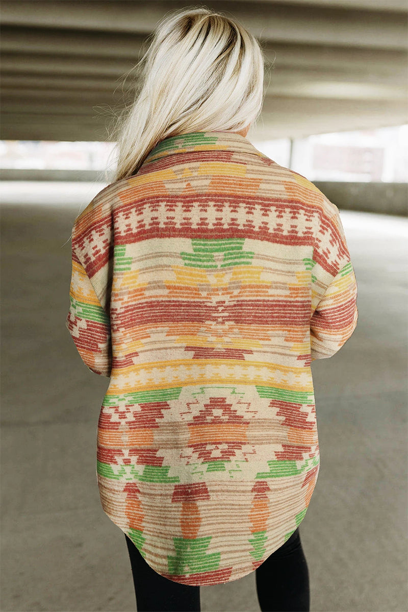 Load image into Gallery viewer, DLLS743 - Ladies Yellow Western Aztec Print Button Flap Pocket Shacket
