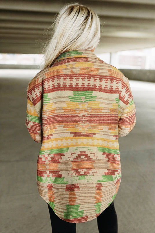 DLLS743 - Ladies Yellow Western Aztec Print Button Flap Pocket Shacket