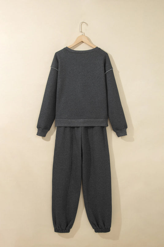 DLLS1084 - Ladies Carbon Grey Solid Colorblock Jogger Pants Set