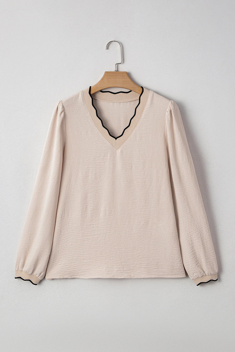 Load image into Gallery viewer, DLLS171 - Ladies Jet Stream Contrast Scallop Trim V Neck Long Sleeve Blouse

