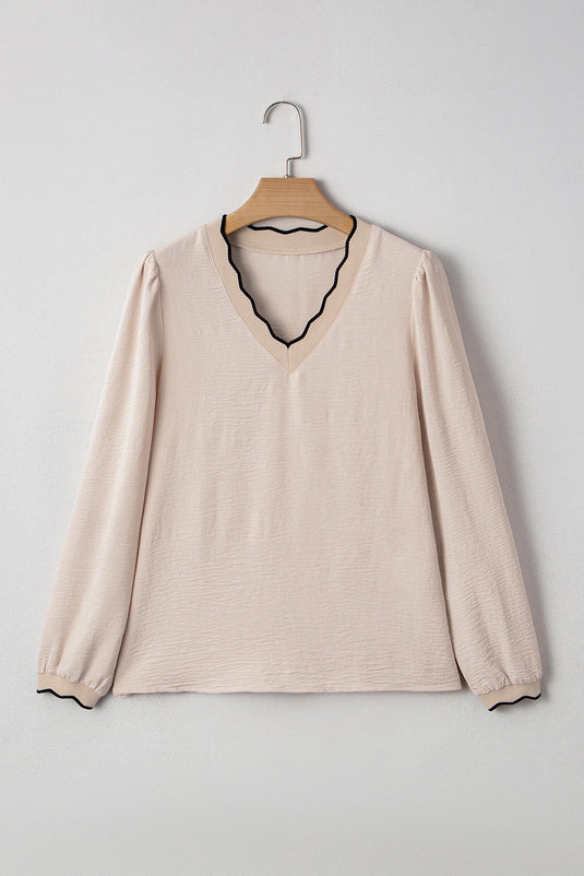 DLLS171 - Ladies Jet Stream Contrast Scallop Trim V Neck Long Sleeve Blouse
