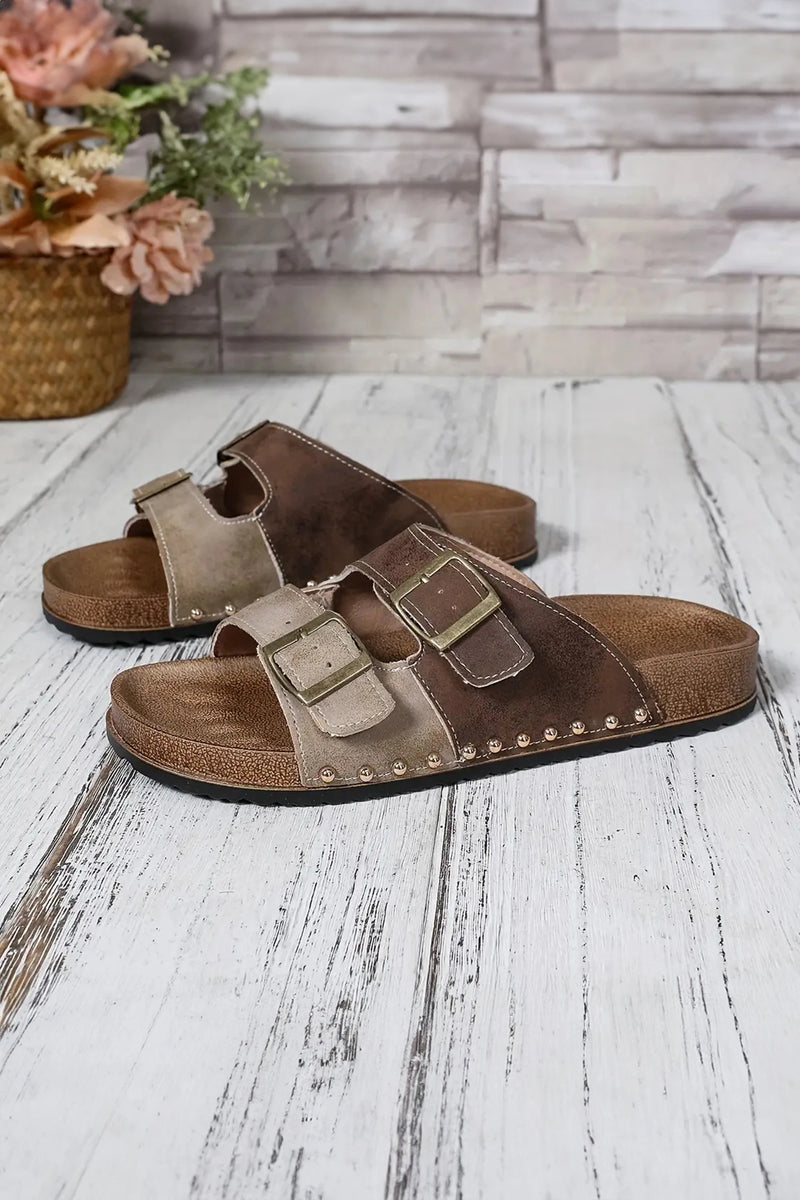 Load image into Gallery viewer, DLLSHOE 35 - Coffee Two-Tone Retro Buckle Straps Hollowed Faux Suede Slippers
