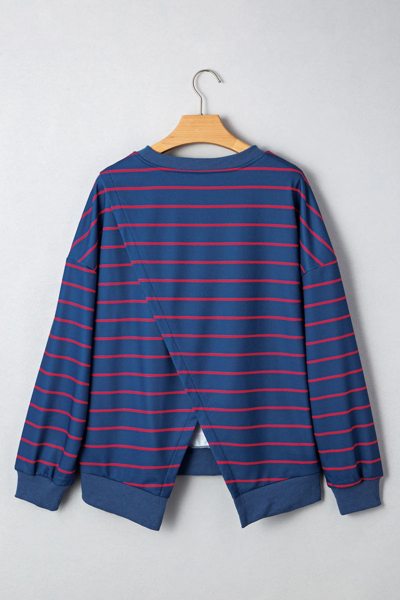 Load image into Gallery viewer, DLLS231 - Ladies Blue Stripe Stylish Overlap Detail Drop Shoulder Pullover Sweatshirt

