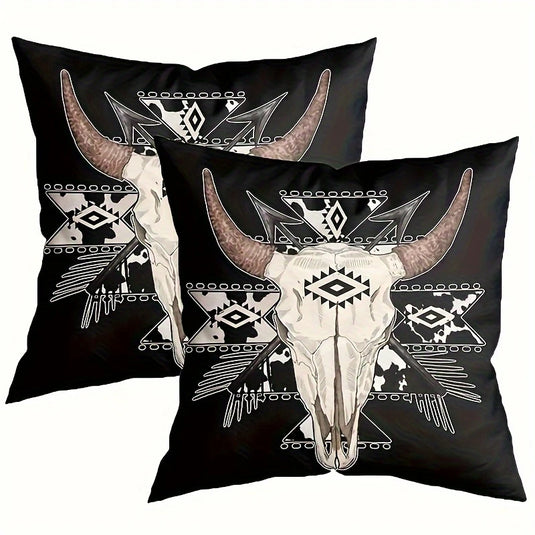 TMPL119 - 2 Piece Set - 18" x 18" Western Bull Skull Throw Pillows