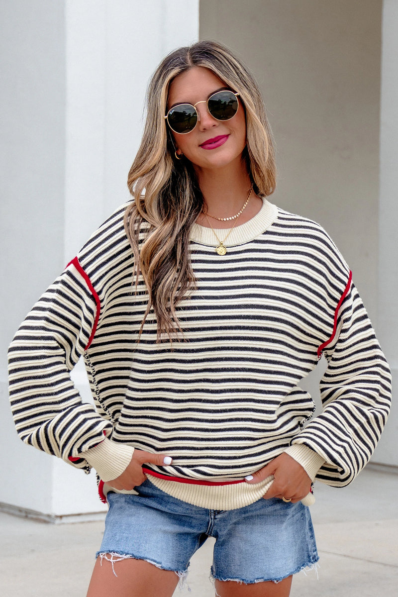 Load image into Gallery viewer, DLLS1082 - Ladies Black Stripe Ribbed Trim Drop Shoulder Oversized Sweater
