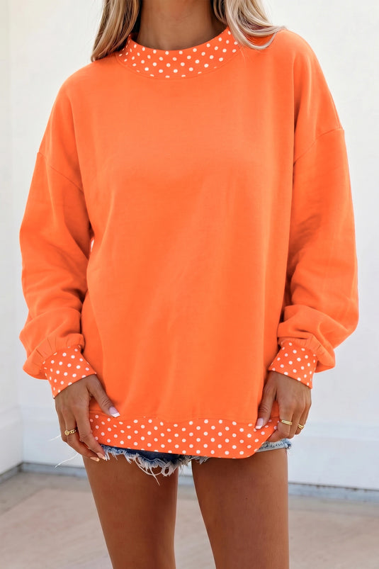 DLLS889 - Ladies Orange Colorblock Polka Dot Contrast Trim Oversized Sweatshirt
