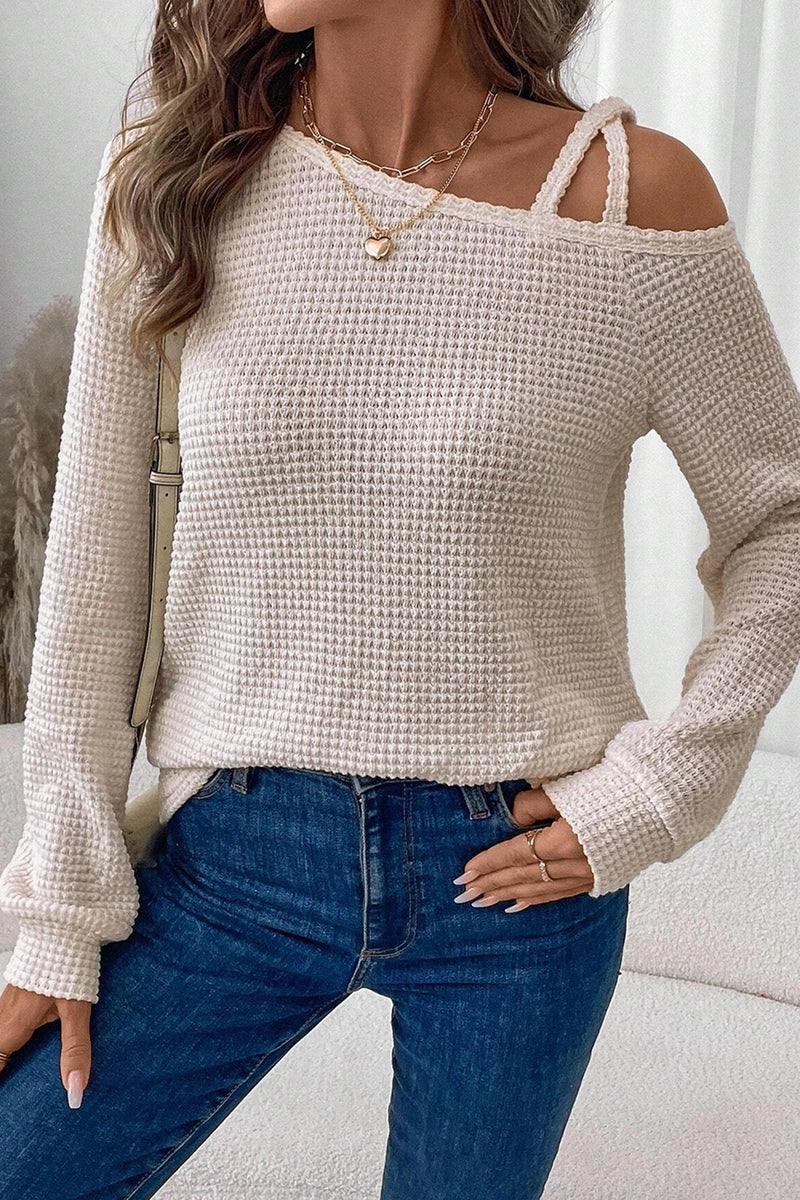 Load image into Gallery viewer, DLLS304 - Ladies Jet Stream Solid Color Textured Knit Asymmetric Shoulder Long Sleeve Top
