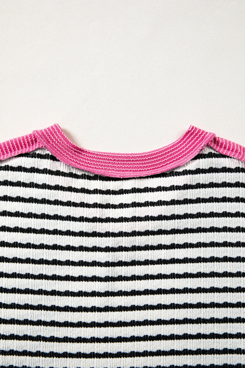 Load image into Gallery viewer, DLLS424 - Ladies Black Stripe Textured Knit Twisted Rib Contrast Patchwork V Neck Long Sleeve Top
