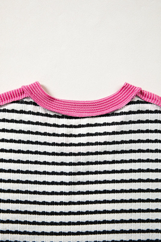 DLLS424 - Ladies Black Stripe Textured Knit Twisted Rib Contrast Patchwork V Neck Long Sleeve Top