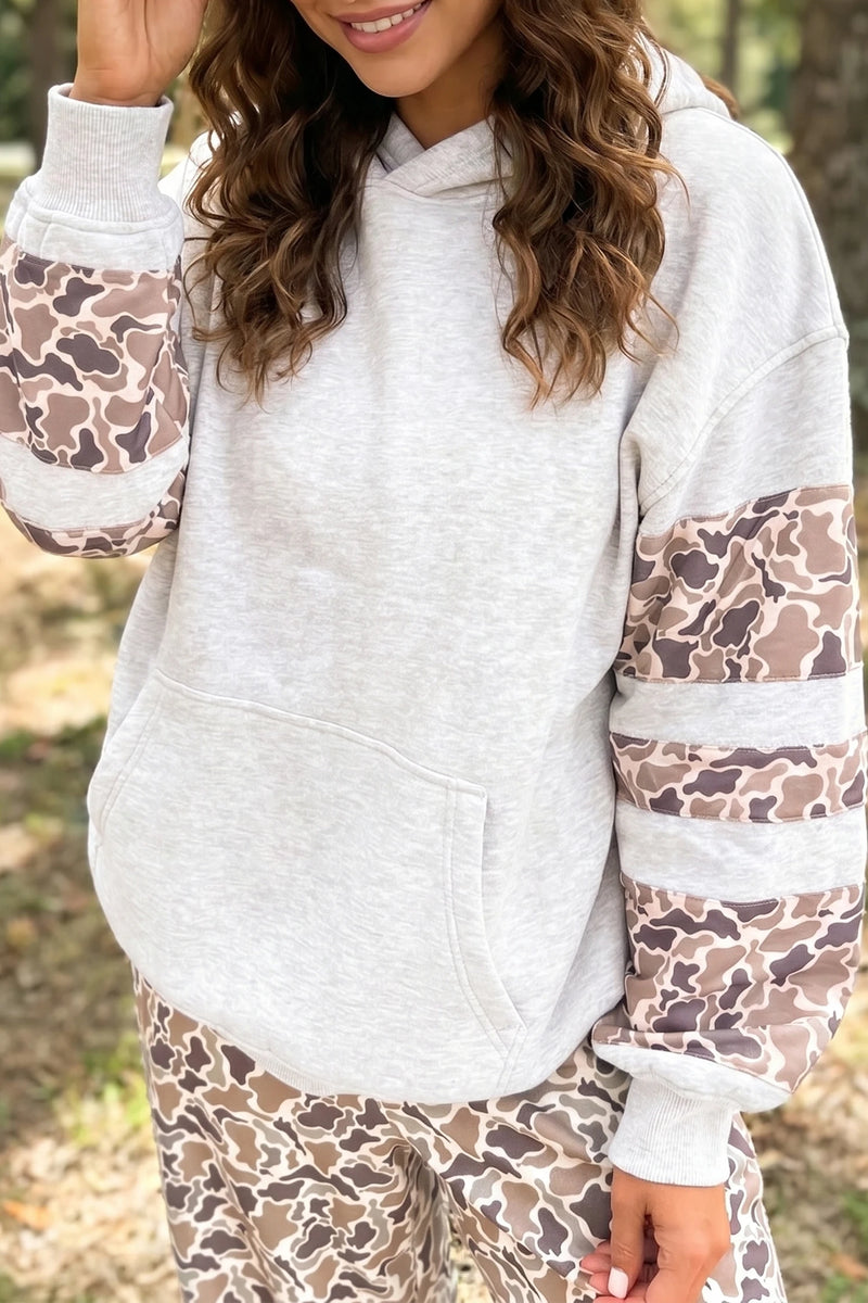 Load image into Gallery viewer, DLLS805 - Ladies Light Grey Patchwork Camo Long Sleeve Hoodie
