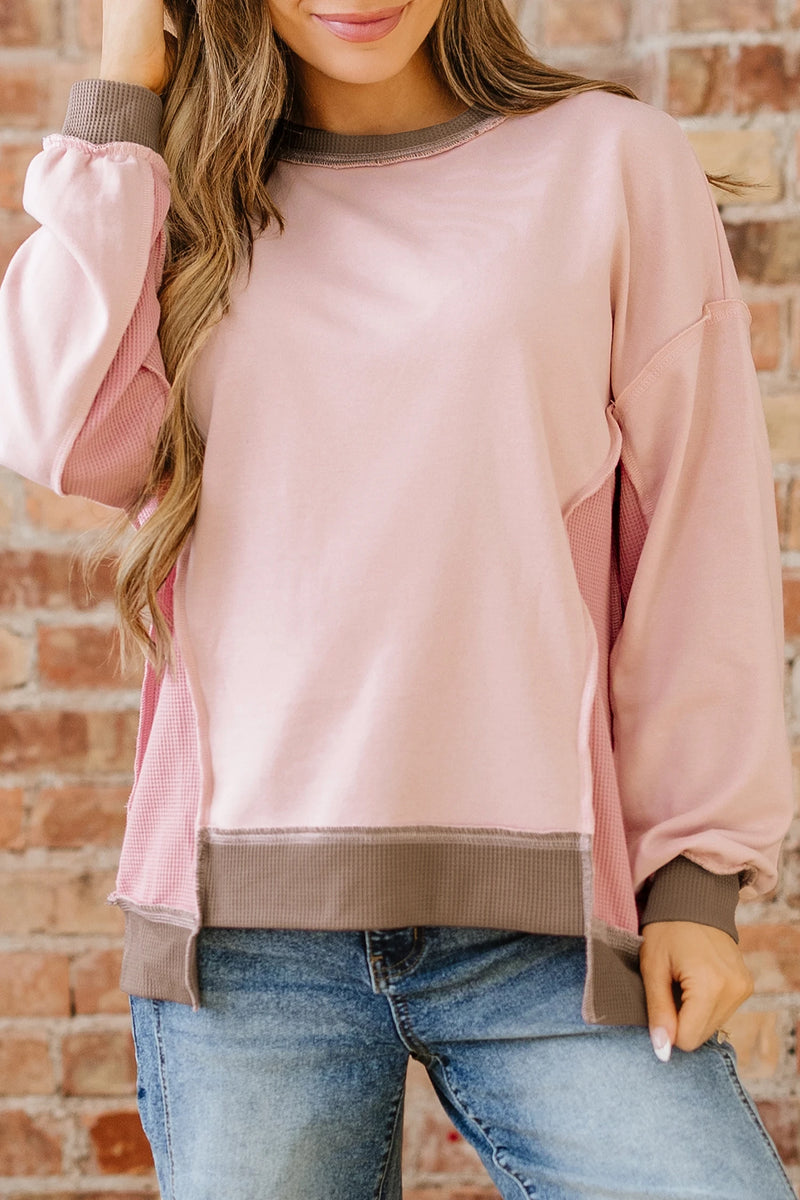 Load image into Gallery viewer, DLLS360 - Ladies Light Pink Color Block Mix Texture Waffle Patchwork Oversize Sweatshirt
