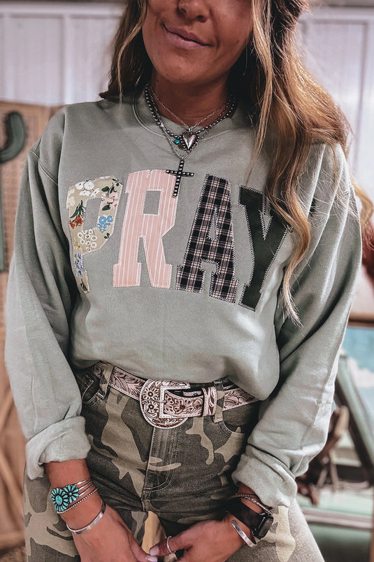 DLLS871 - Ladies Floral Buffalo Plaid Striped Embroidered Patch Western Pullover Sweatshirt
