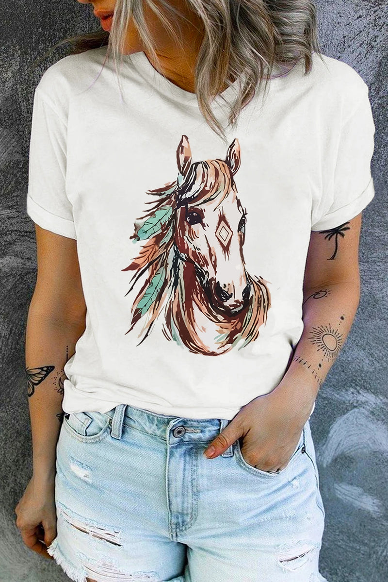 Load image into Gallery viewer, DLLS748 - Ladies White Western Aztec Horse Graphic Crewneck Tee
