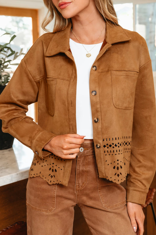 DLLS754 - Ladies Thai Curry Solid Color Faux Suede Hollowed Detail Retro Style Jacket