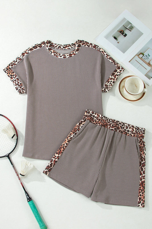 DLLS599 - Ladies Light Grey Leopard Trim Twist Ribbed Short Set