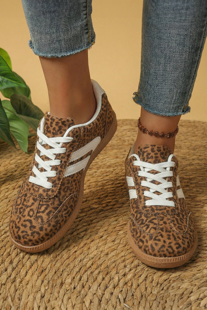 Load image into Gallery viewer, DLLSHOE 7 - Coffee PU Leather Detail Shimmer Leopard Printed Lace-up Sneakers
