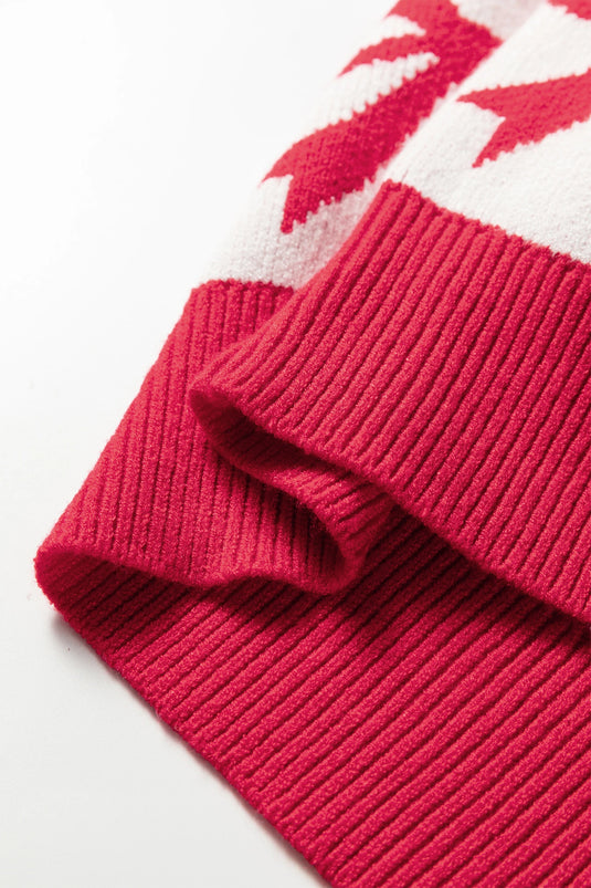 DLLS232 - Ladies Red Bow Print 2-Tone Rhombus Knit Loose Sweater