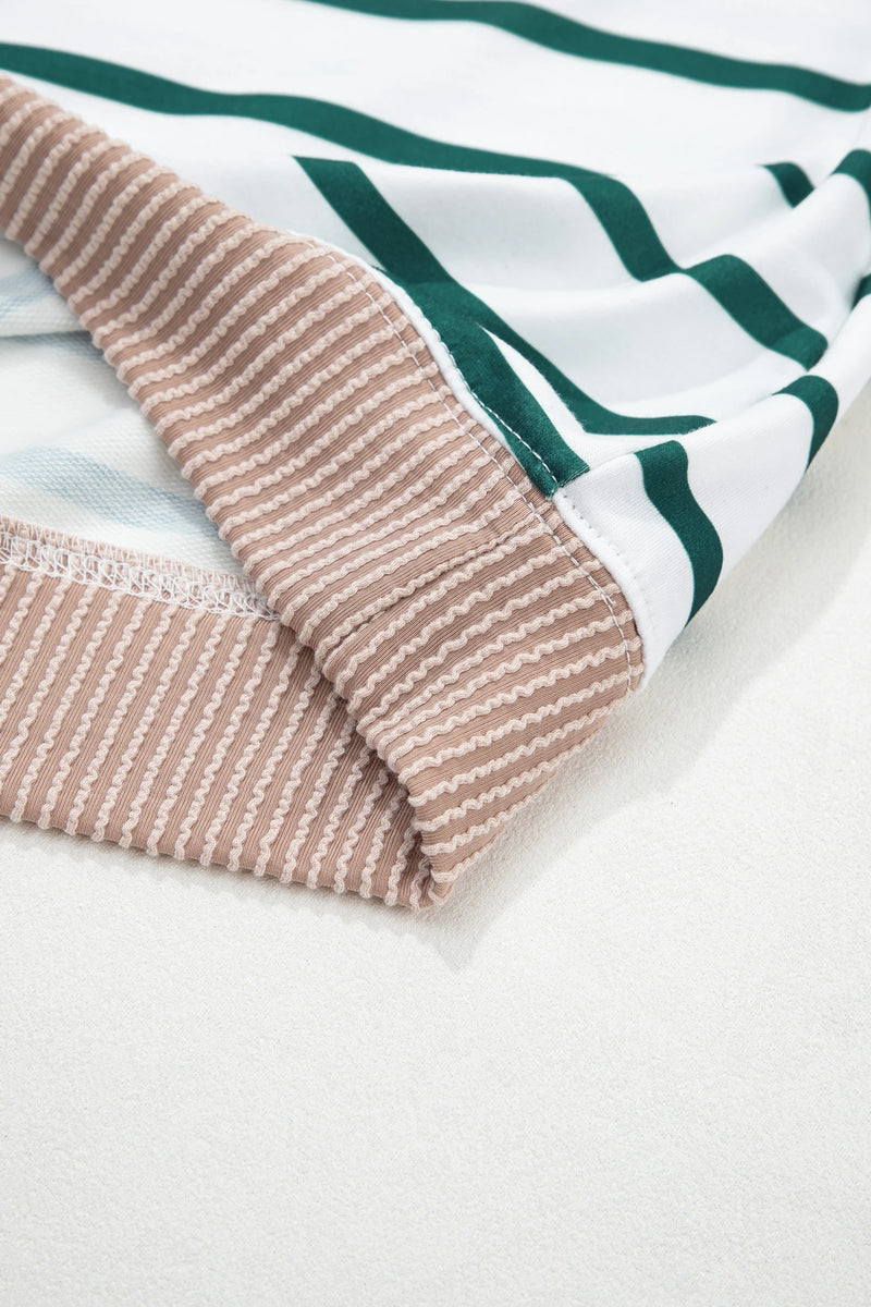 Load image into Gallery viewer, DLLS405 - Ladies White Stripe Twisted Ribbed Patchwork Drop Shoulder Round Neck Sweatshirt
