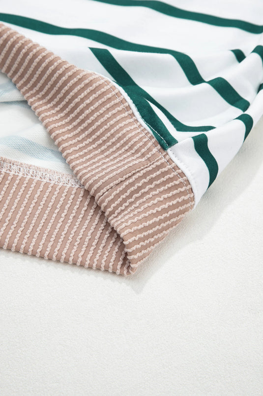 DLLS405 - Ladies White Stripe Twisted Ribbed Patchwork Drop Shoulder Round Neck Sweatshirt