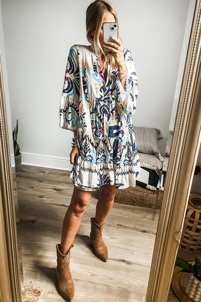 Load image into Gallery viewer, DLLS447 - Ladies White Printed Tribal Bracelet Sleeve Buttoned Mini Dress

