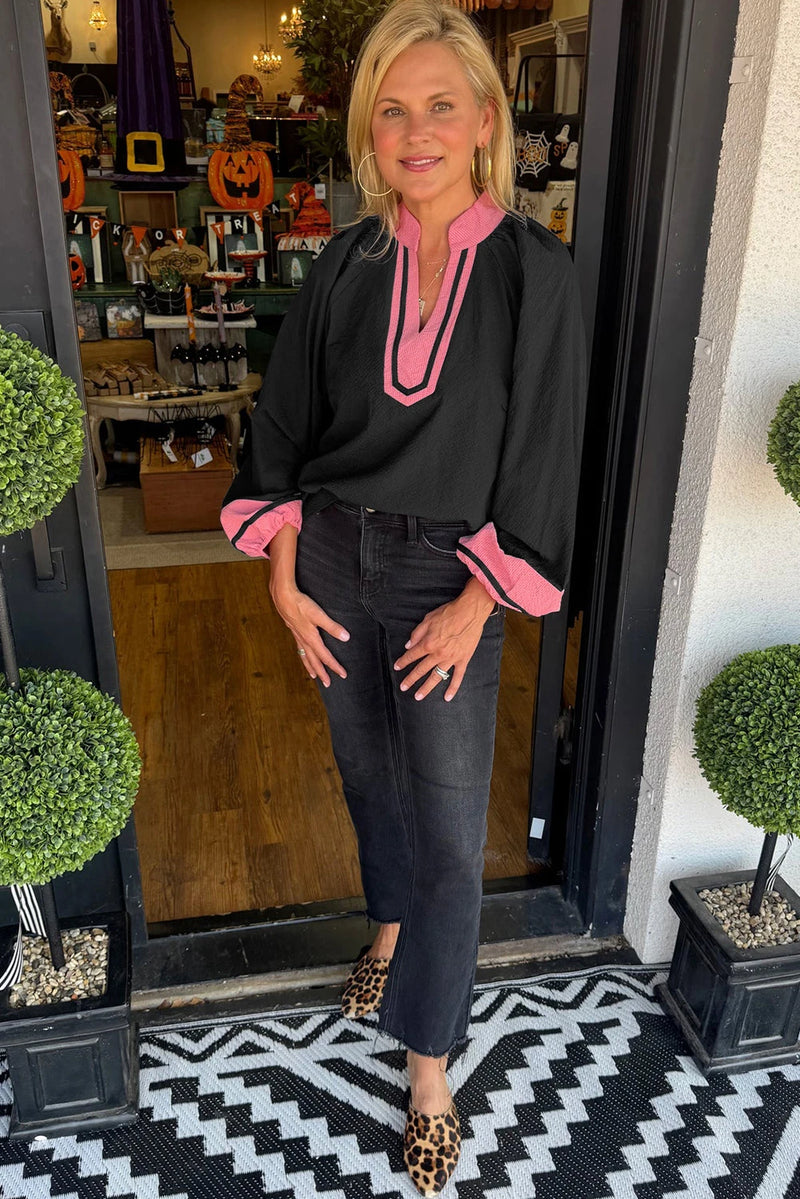 Load image into Gallery viewer, DLLS434 - Ladies Black Color Block Patchwork Detail V Neck Textured Long Sleeve Blouse
