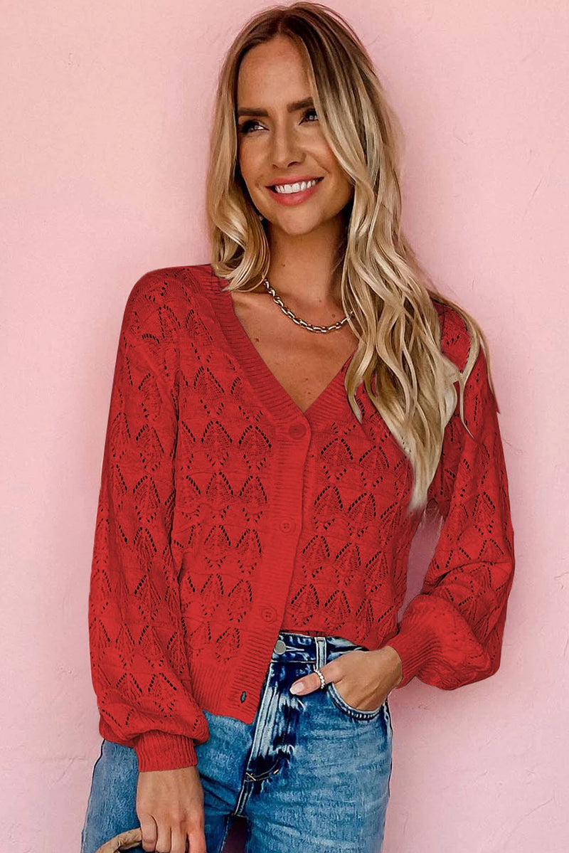 Load image into Gallery viewer, DLLS264 - Ladies Fiery Red Lightweight Buttoned Front Crochet Cardigan
