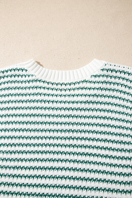 DLLS509 - Ladies Green Stripe Ribbed Trim Loose Fit Knitted Sweater Vest