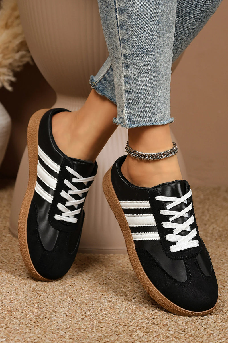 Load image into Gallery viewer, DLLSHOE 149 - Color Black PU Leather Color Block Varsity Lace Up Flat Shoes
