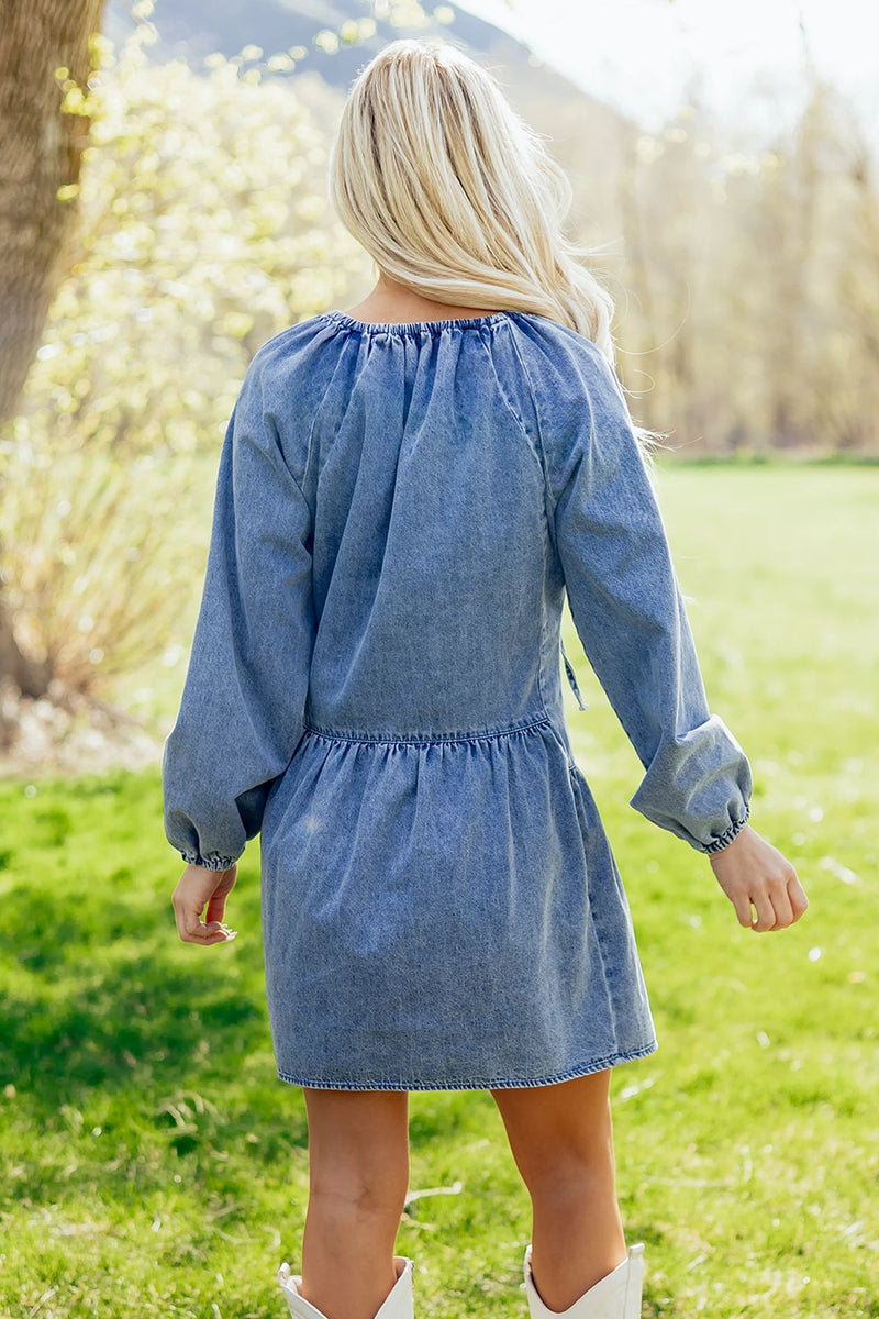 Load image into Gallery viewer, DLLS564 - Ladies Myosotis Puff Sleeve V Neck Ruffled Loose Denim Mini Dress

