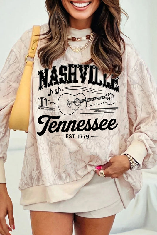 DLLS421 - Ladies Khaki Vintage Nashville Tennessee Tie Dye Baggy Sweatshirt
