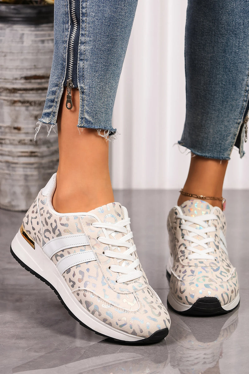 Load image into Gallery viewer, DLLSHOE 197 - White Leopard Print Lace-Up Low-Top Sneakers with Rubber Sole
