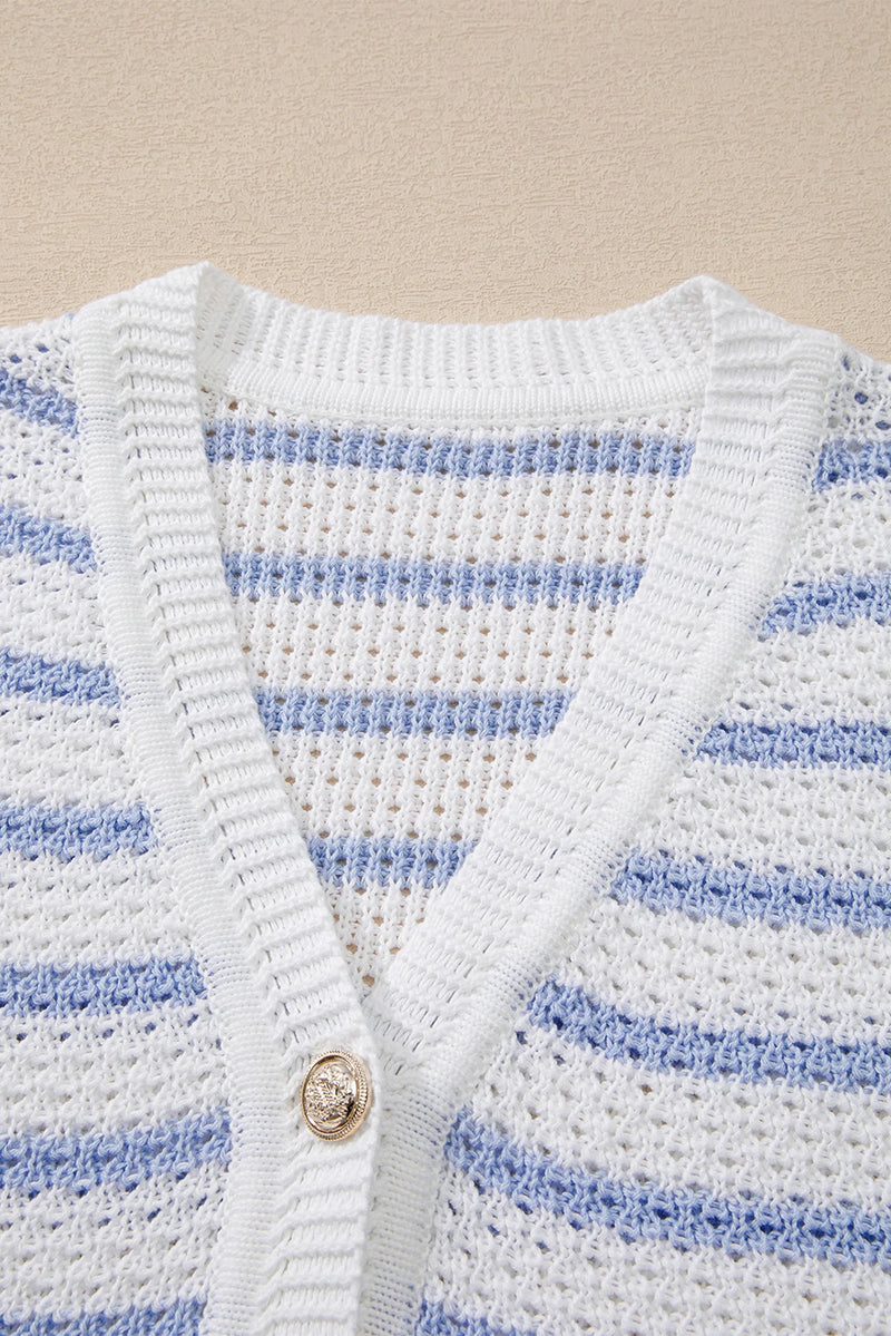 Load image into Gallery viewer, DLLS459 - Ladies Sky Blue Stripe V Neck Gold Buttons Elegant Sweater Vest
