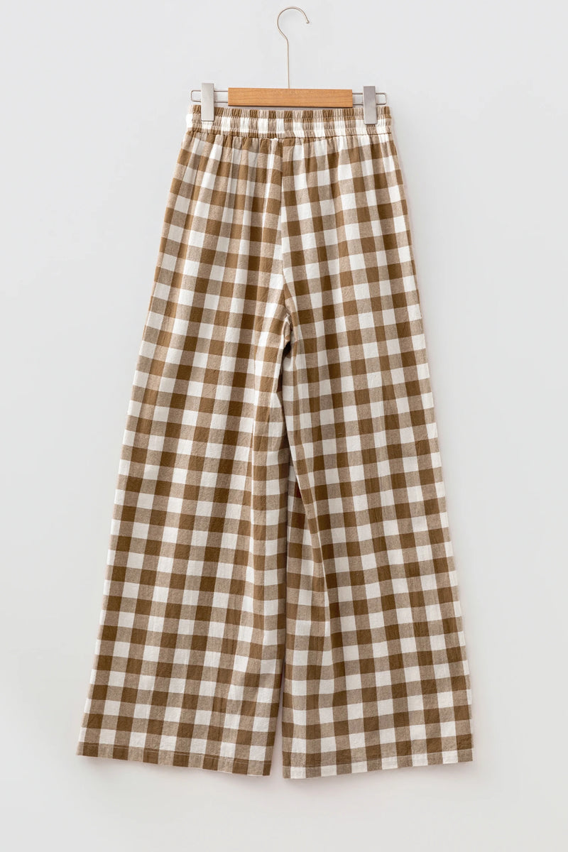 Load image into Gallery viewer, DLLS763 - Ladies Brown Gingham Plaid Tie Elastic Waist Shift Pants

