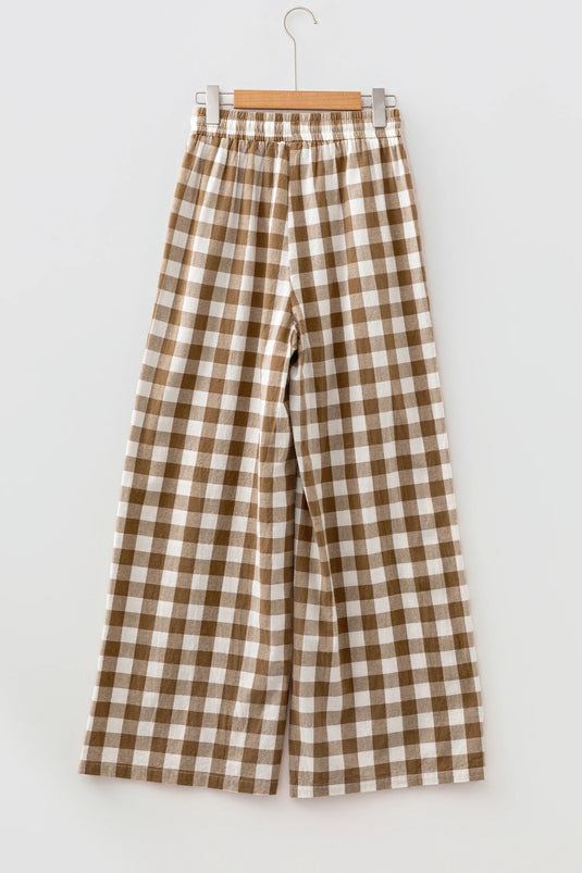 DLLS763 - Ladies Brown Gingham Plaid Tie Elastic Waist Shift Pants