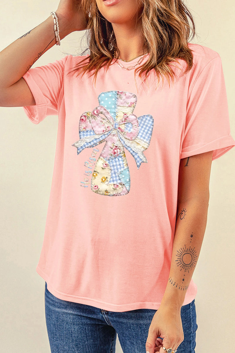 Load image into Gallery viewer, DLLS472 - Ladies Pink He is Risen Patchwork Bow Cross Printed T Shirt

