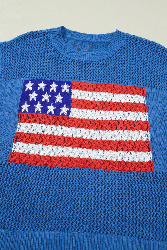 DLLS525 - Ladies Sky Blue Flag Graphic Short Sleeve Sweater Top
