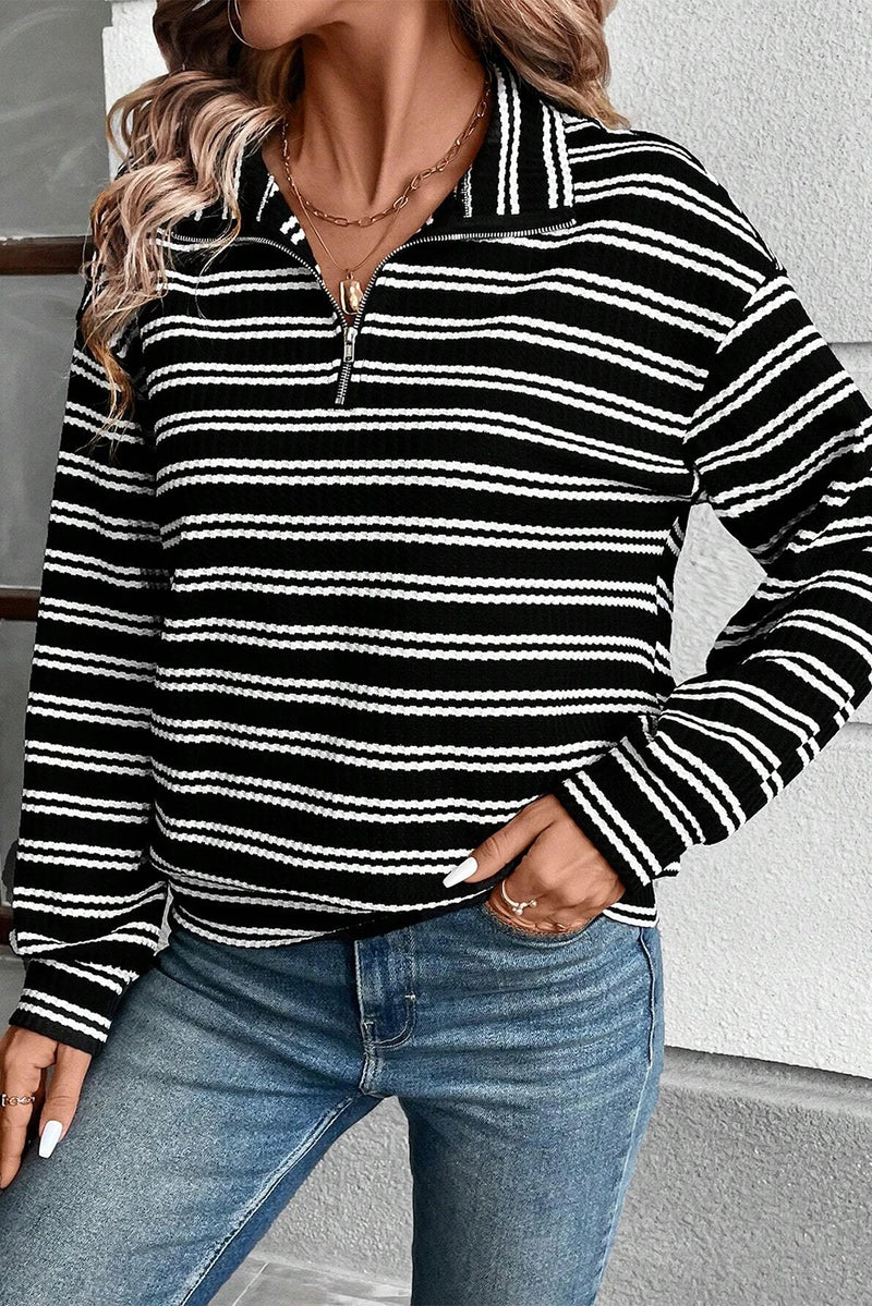Load image into Gallery viewer, DLLS322 - Ladies Black Stripe Textured Quarter Zip Collar Long Sleeve Top
