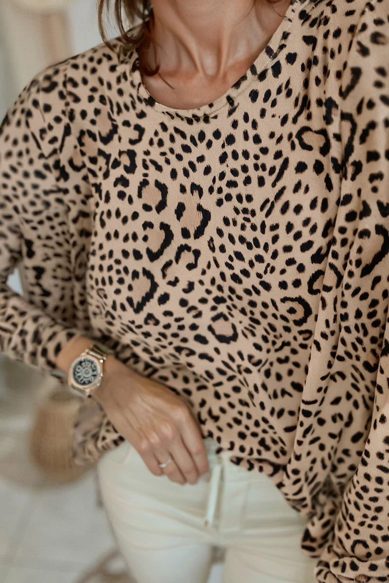 Load image into Gallery viewer, DLLS173 - Ladies Khaki Leopard Print Long Batwing Sleeve Loose Top
