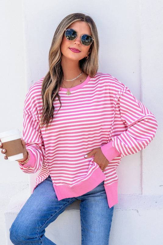 DLLS1134 - Ladies Pink Stripe Textured Knit Color Block Trim Split Hem Long Sleeve Top