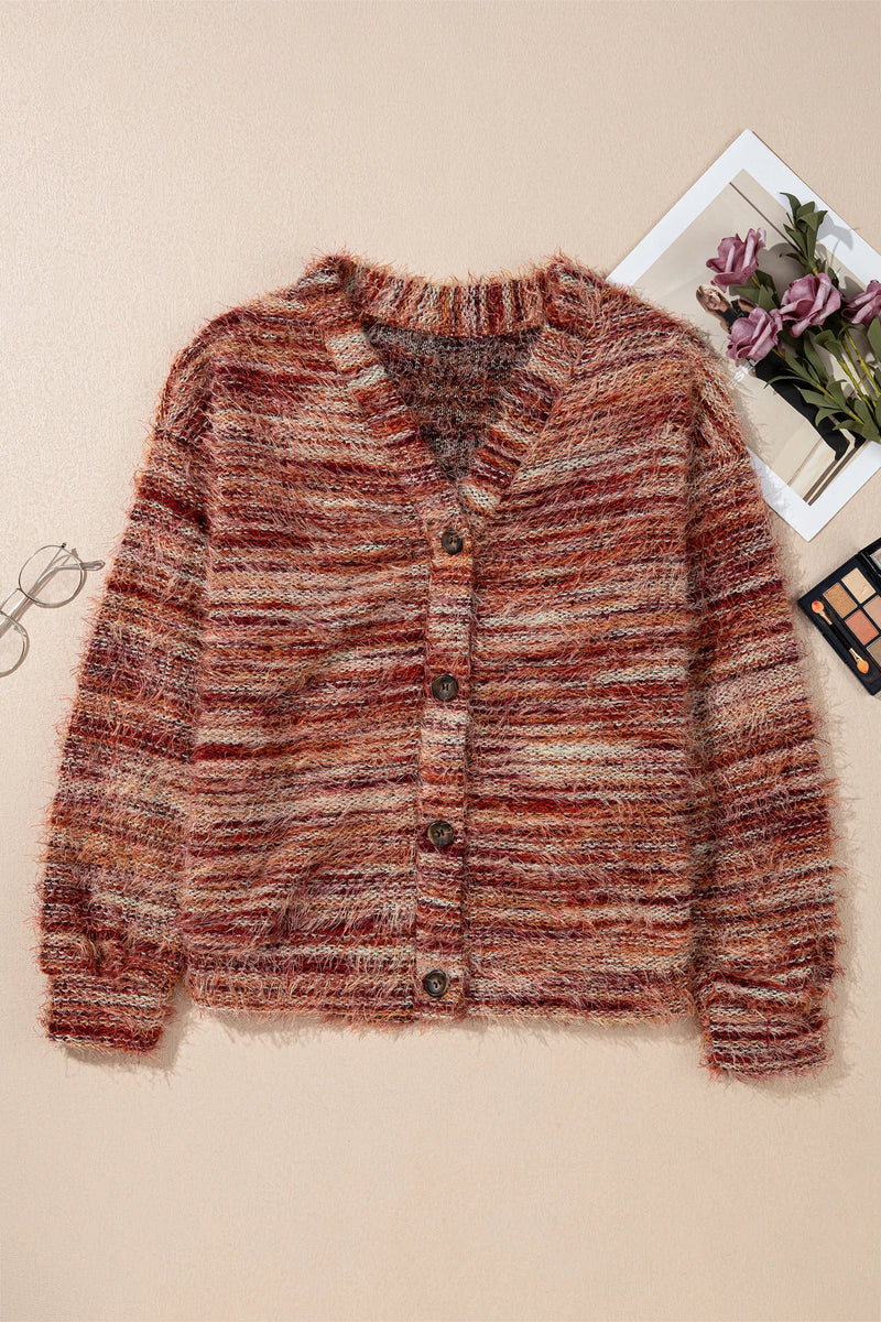Load image into Gallery viewer, DLLS848 - Ladies Tawny Fuzzy Striped Button Front Cardigan Sweater
