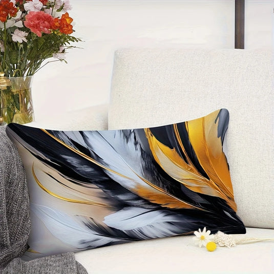 TMPL93 - 1 Piece - 12" x 20" Gold & Black Feather Printed Throw Pillow